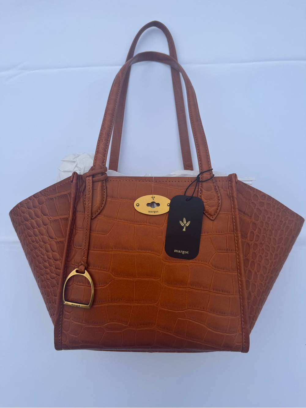 NWT Margot New York Croc Embossed Cognac Caramel Leather Viral Tote
